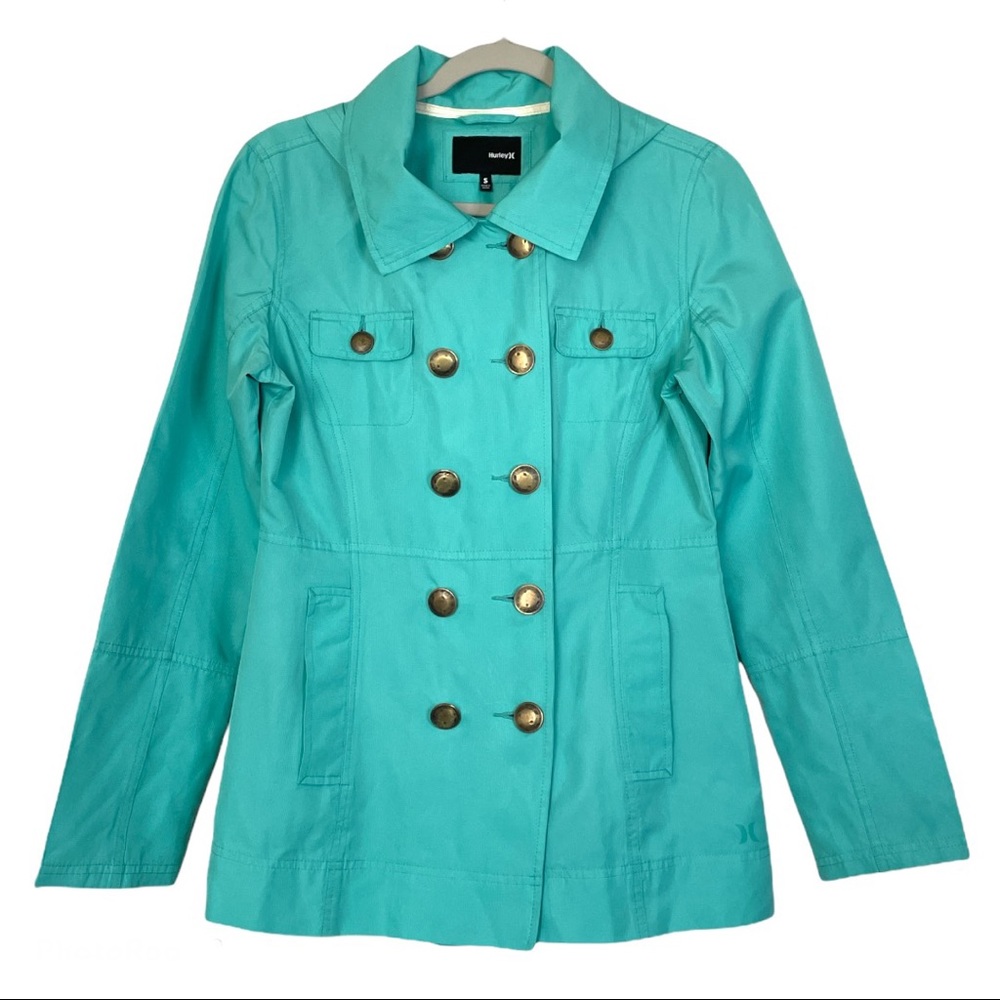Hurley Double Breasted Rain Jacket Windbreaker Teal/Aqua Size Small